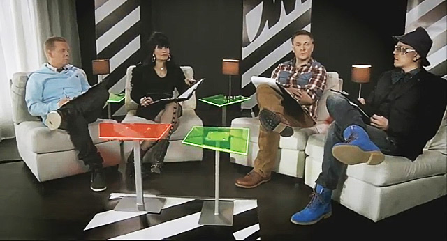 The jury on the early episodes. From left to right: Redrama, Aija Puurtinen, Tomi Saarinen, Toni Wirtanen.