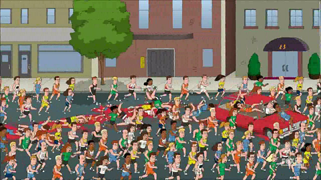 Peter driving over the Boston Marathon runners on the episode of Family Guy.